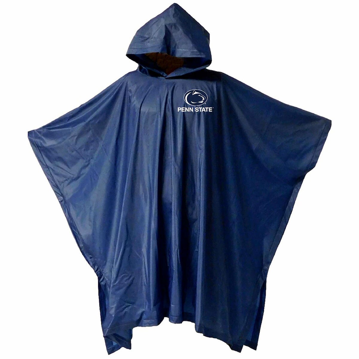 navy adult medium weight rain poncho with printed Penn State below Athletic Logo